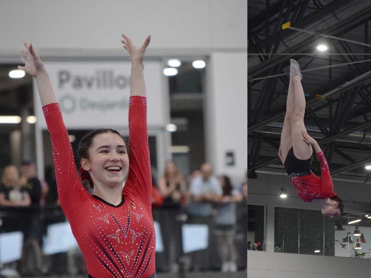 Left: A young woman smiles with her hands extended in the air.; Right: A young woman flips in the air.