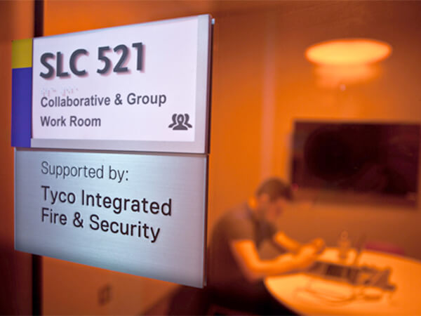 Sign outside one of the study rooms at the Student Learning Centre