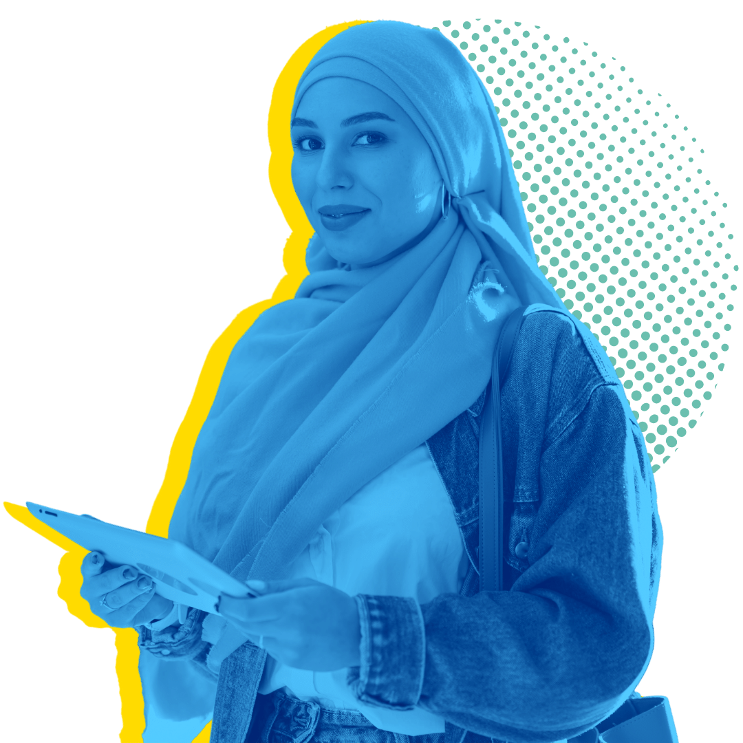 girl wearing a headscarf with a tablet in her hand