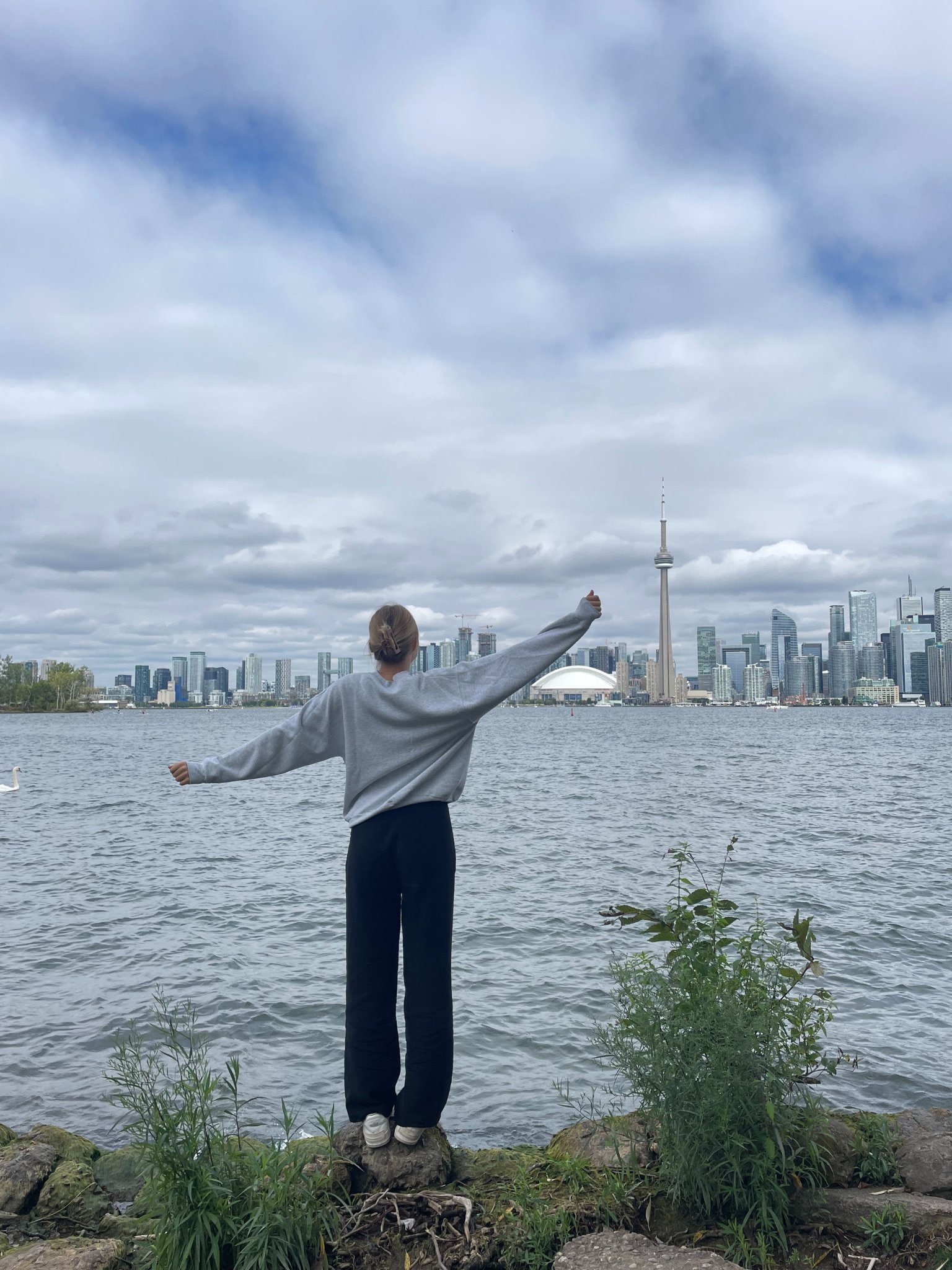 A person stands on rocks by the water with arms outstretched, facing the Toronto skyline across the lake. The CN Tower and city buildings are visible under a cloudy sky. Green plants grow along the shore.