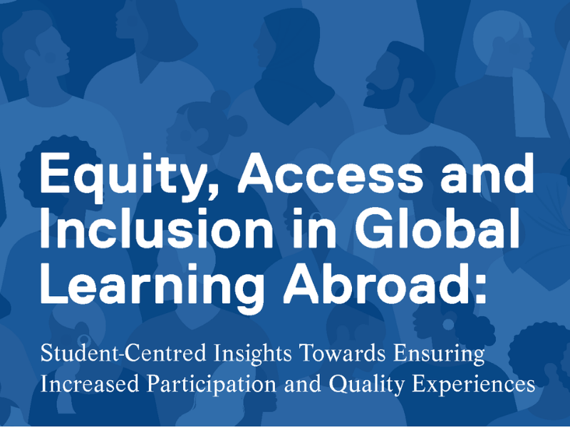 Front cover of the report. Report title, Equity, Access and Inclusion in Global Learning Abroad., is in white text on navy blue background.
