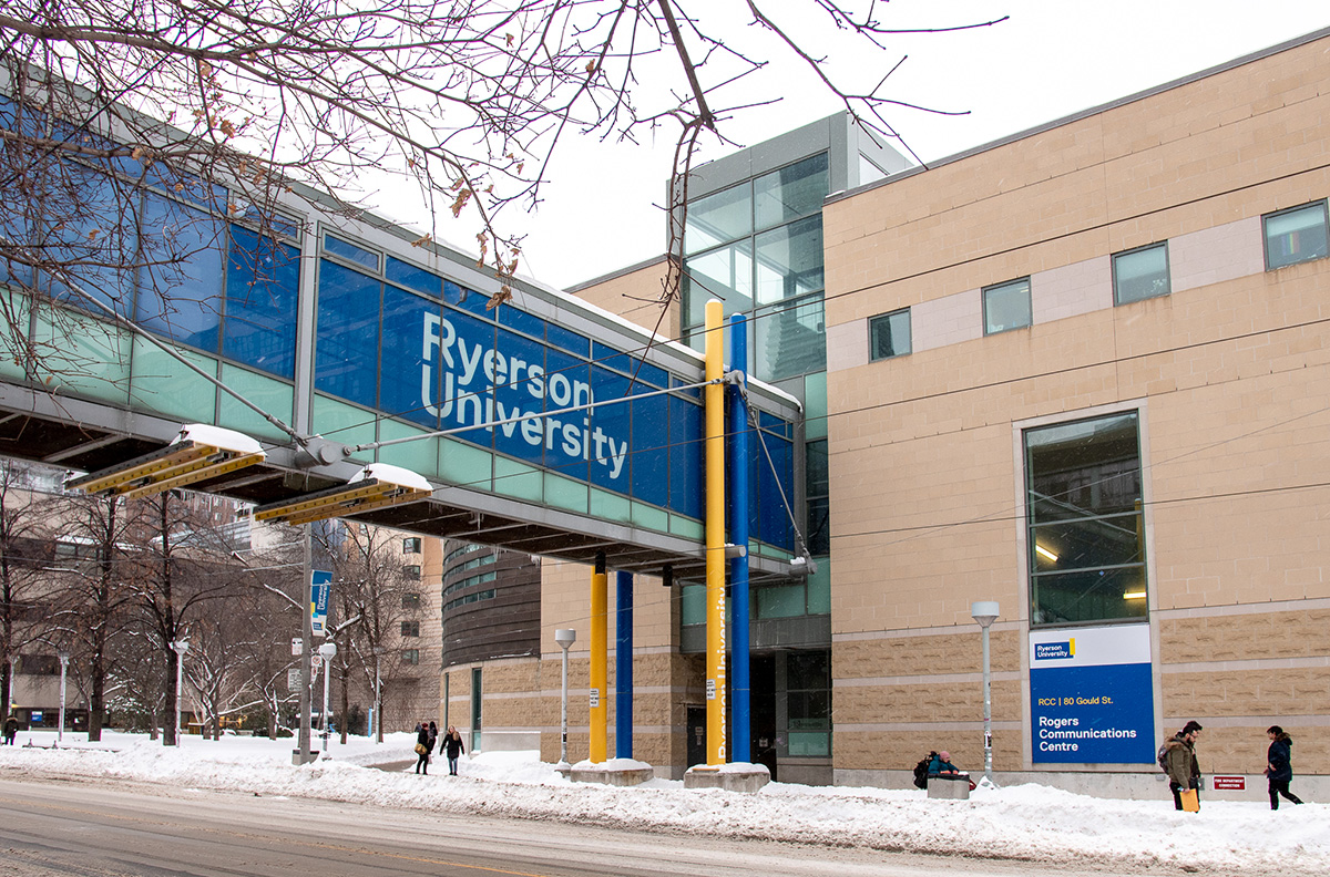 Ryerson University logo on a side of the bridge connecting the Rogers Communication Centre to the Kerr Hall building