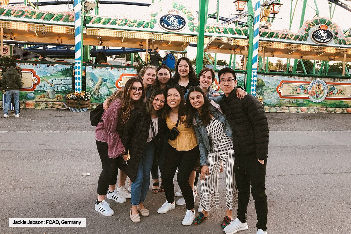 Ryerson FCAD student, Jackie Jabson, poses with a group of friends during trendwatching short-term program in Stuttgart, Germany.