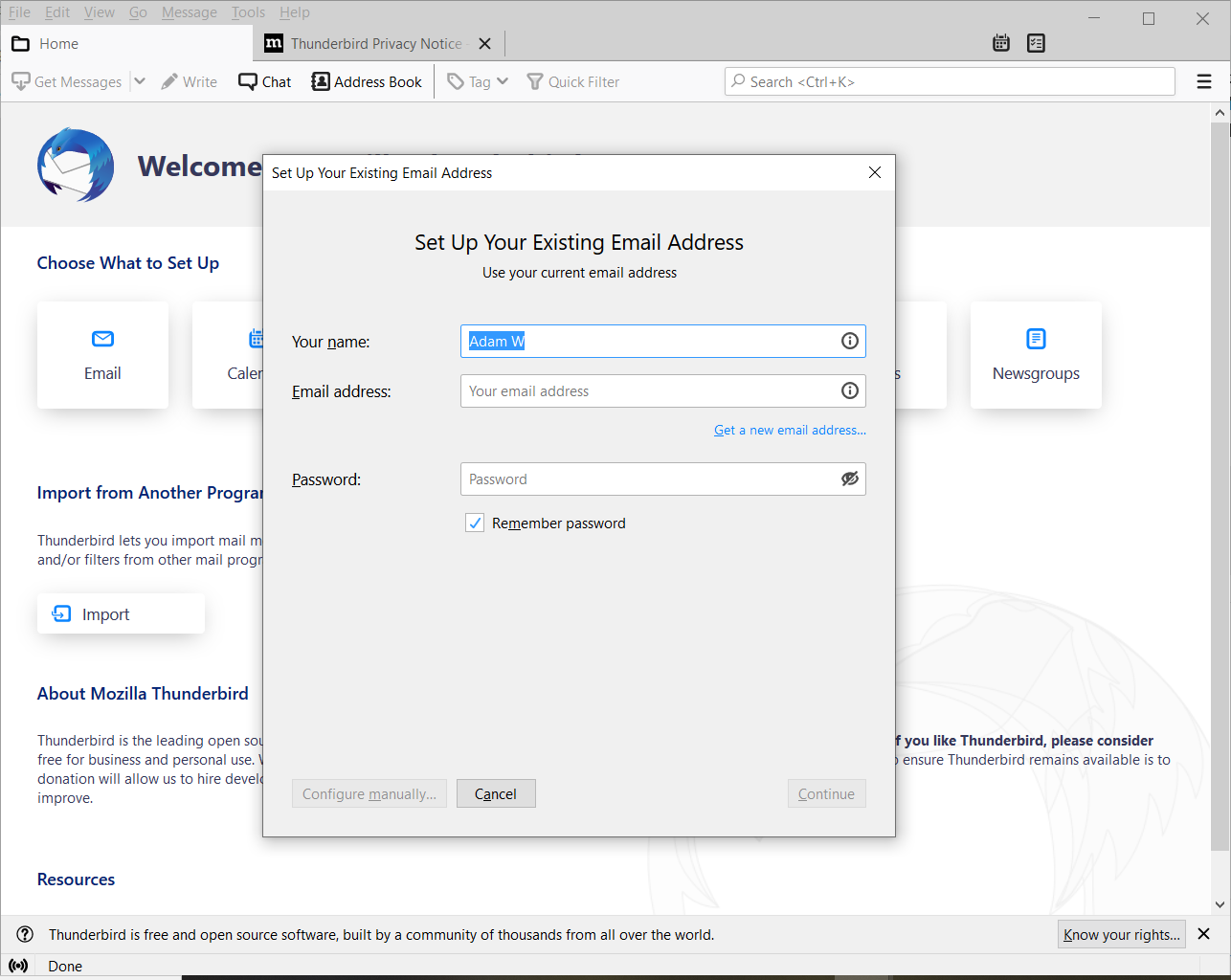 Screenshot of the Thunderbird client welcome screen