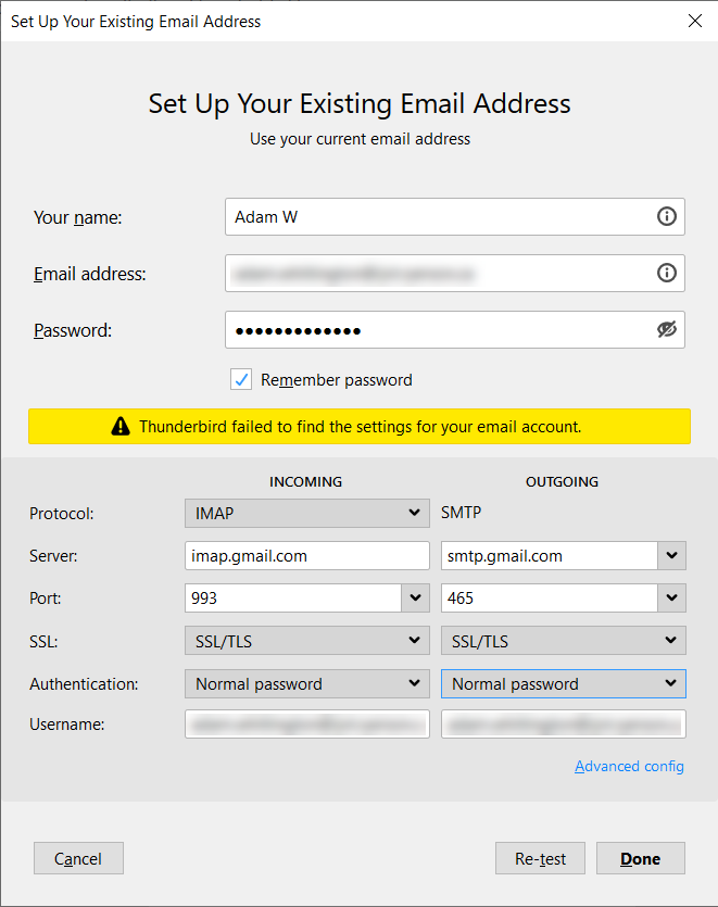 Screenshot of Thunderbird client mail setup