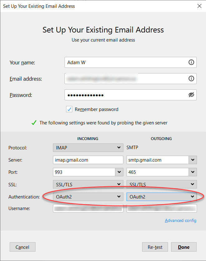 Screenshot of Thunderbird client mail setup