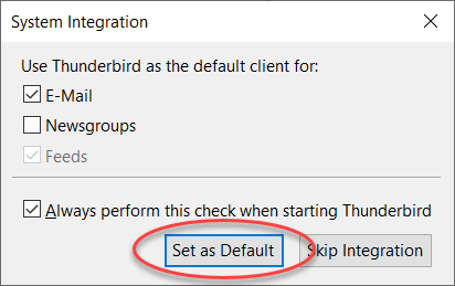 Screenshot of Thunderbird client prompt to set the email as default.
