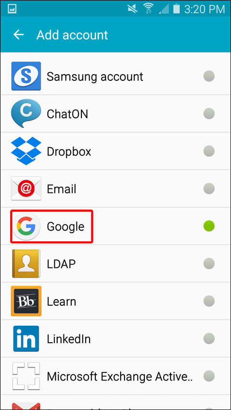 Screenshot of Android Add Account Page
