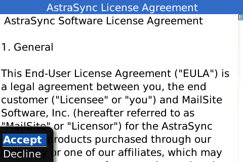 Screenshot of Astrasync License Agreement