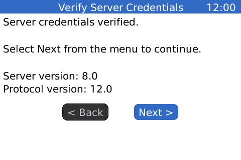 Verify Server Credentials Screen