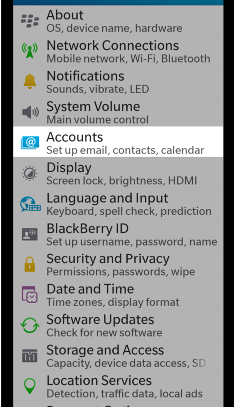 Screenshot of Blackberry Settings