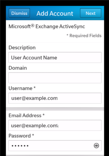 Screenshot of Microsoft Exchange ActiveSync