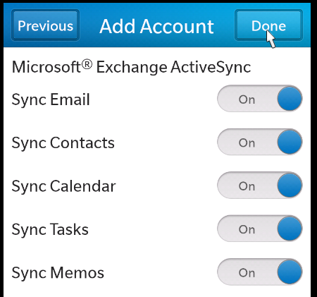 Screenshot of Blackberry Sync Settings