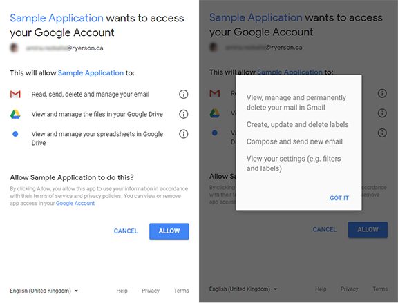 Permissions screens that show what information the app will access and how the information can be used. Permissions screens that show what information the app will access and how the information can be used.