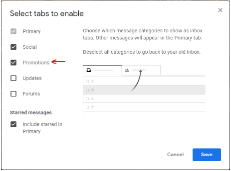In the "Select tabs to enable" screen, uncheck the Promotions option