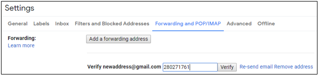 Enter the verification code provided in the email to the forwarding address  to complete the forwarding
