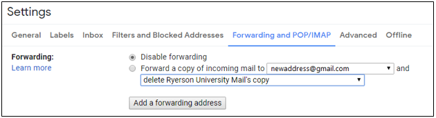 Once the forward is in place, the Settings screen will show the forwarding address and an option if you want to keep a copy of the message in your Ryerson Gmail inbox.
