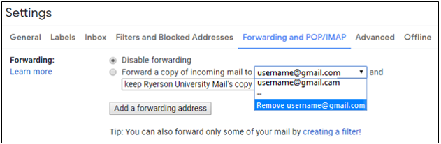 Click the Forward username and select Remove email address. ie.  Remove username@gmail.com
