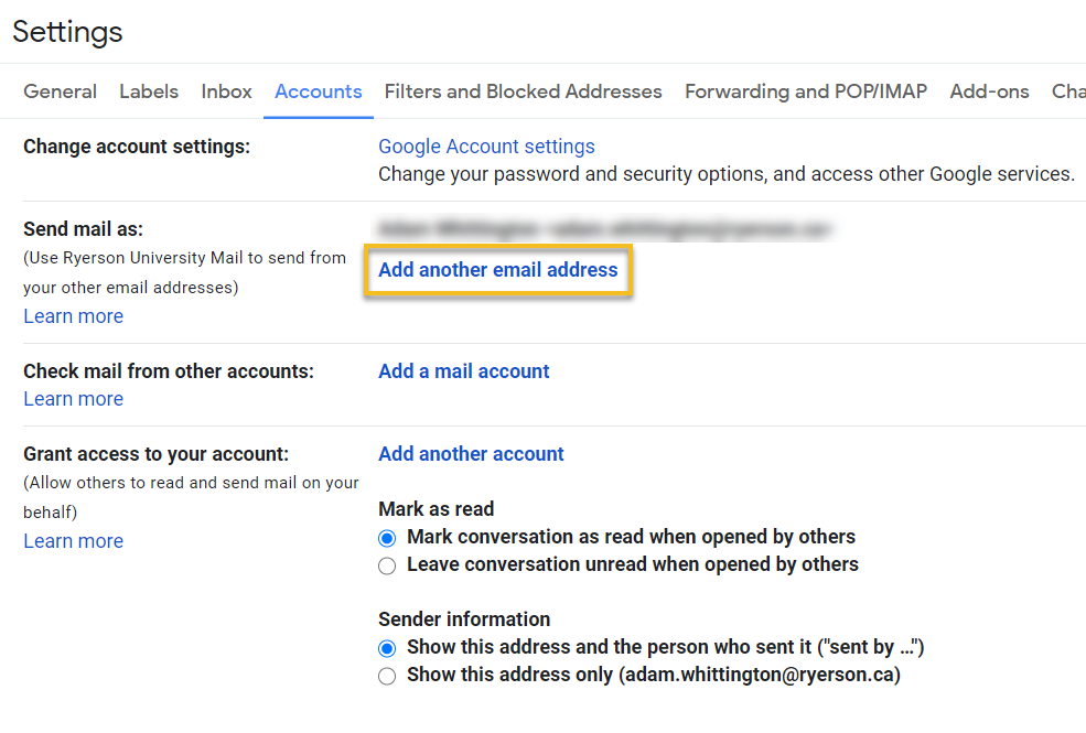 Screenshot of Gmail settings to set up mail delegation