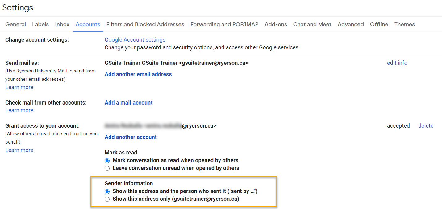Generic account settings to set up sender information