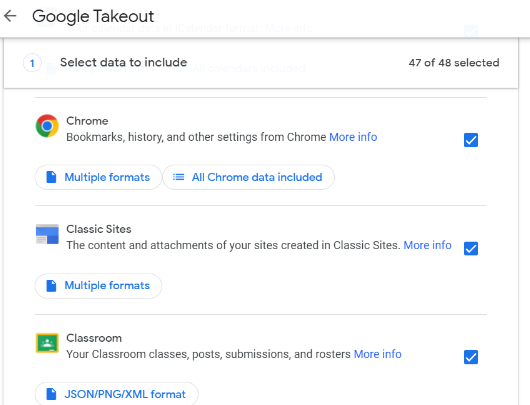 Google Takeout selection