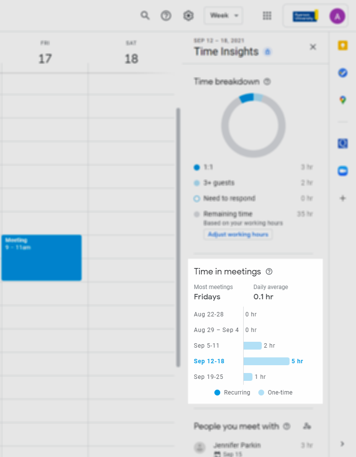 Time in meetings section in Time Insights side panel.