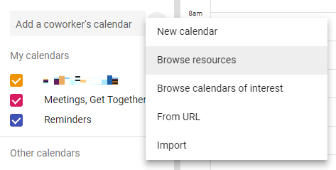 Browse resources in Google calendar