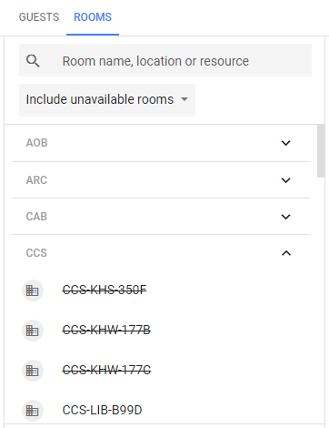 Viewing both available and unavailable rooms in event details in Google Calendar
