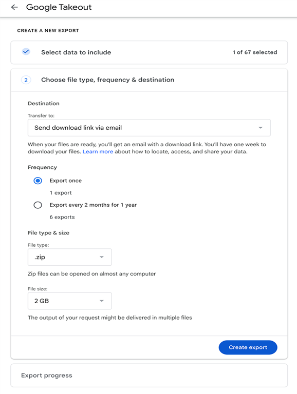 Screenshot of the "Create a new export" step in Google Takeout.