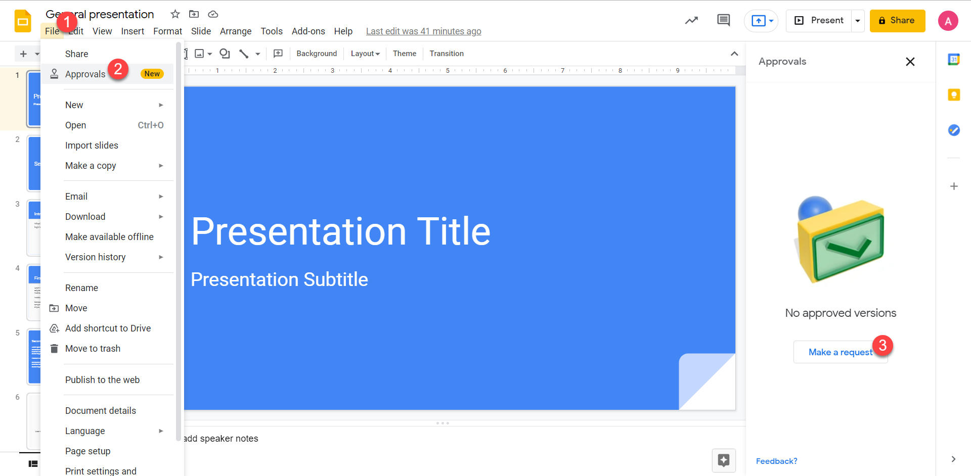 Screen demonstrates steps to view the approvals sidebar in Google Docs, Sheets or Slides.