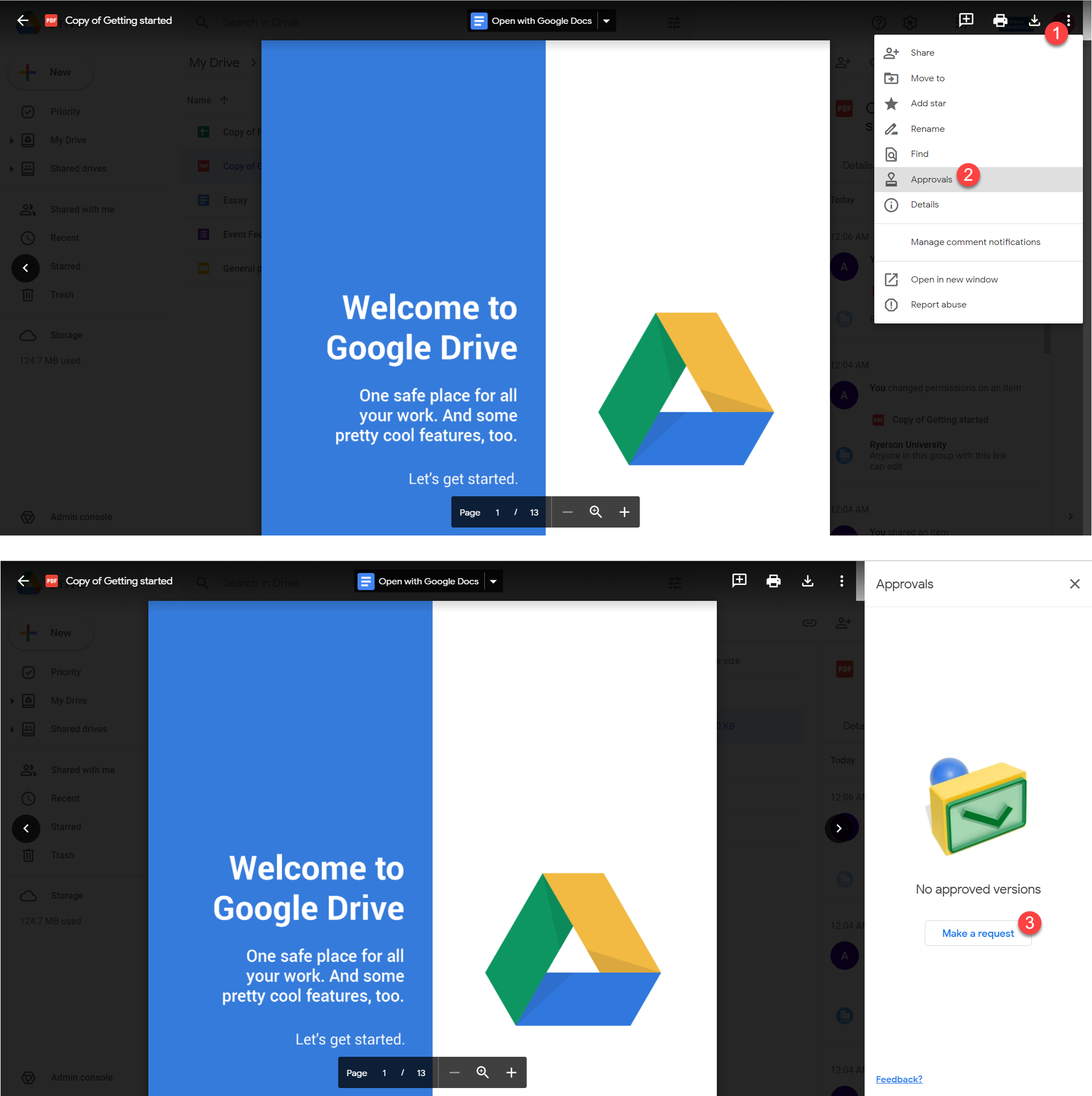 Screen demonstrates steps to view the approvals sidebar from the Google Drive preview.