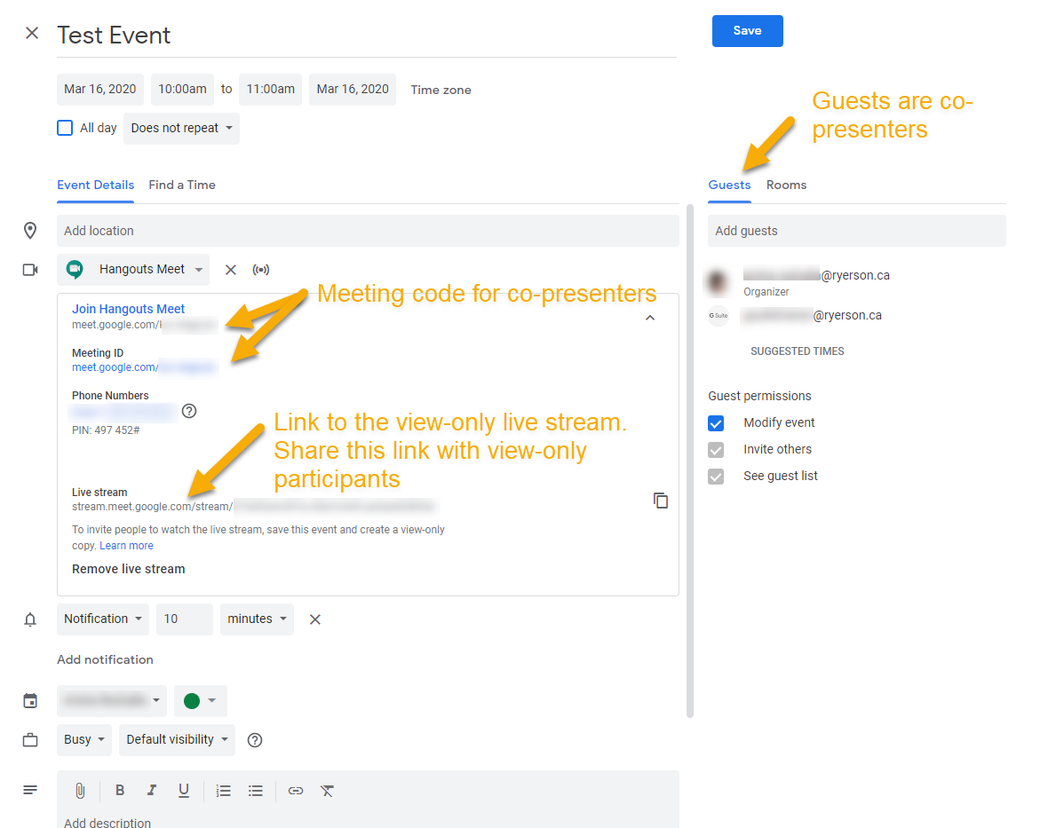 Creating a live stream event in Google Calendar. Links for co-presenters and viewers are shown.