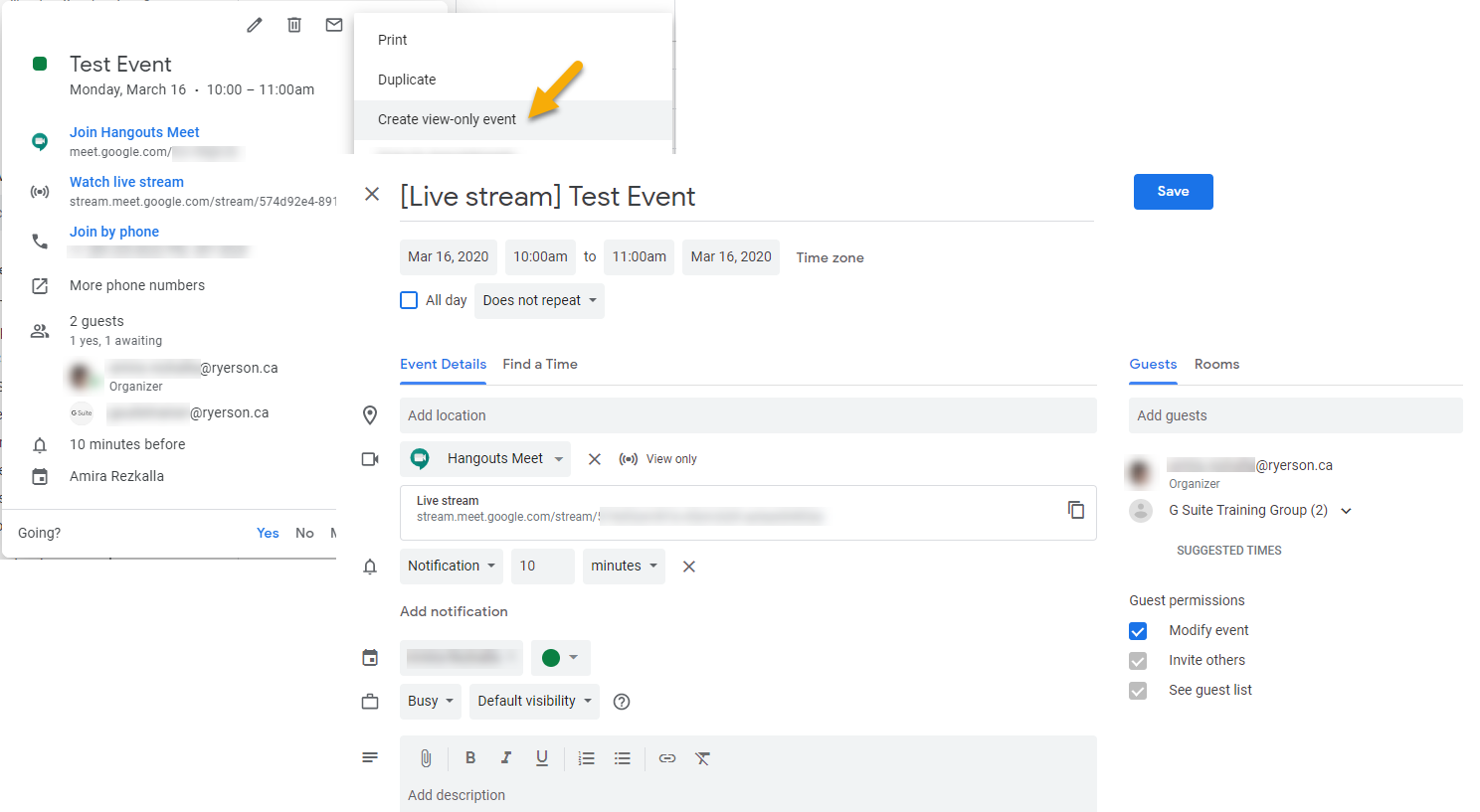 Creating a view-only event in Google Calendar for a live stream event.