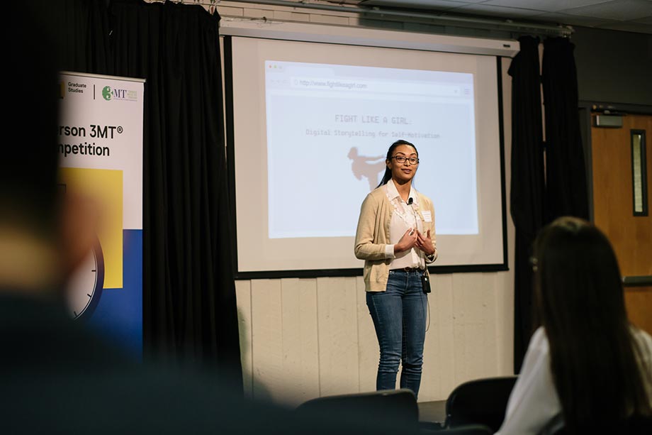 Natasha Ramoutar presenting in the 2018 Ryerson 3MT Competition