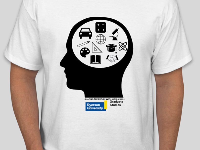 A white t-shirt with a graphic of a head with various icons in the head space