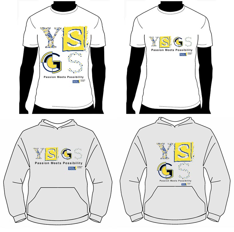 An illustration of two white t-shirts and two gray sweatshirts modelling a YSGS logo