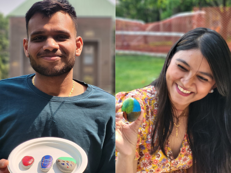Master of Engineering Innovation and Entrepreneurship student Vivek Agrawal (left) and Environmental Applied Science and Management MASc student Tasneem Hyder (right) display their painted rocks.