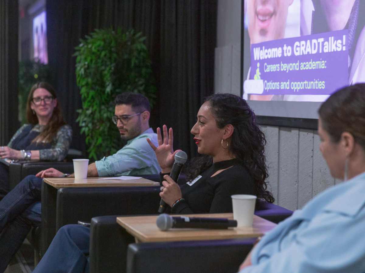 From left: Dr. Nancy Walton, associate dean, student affairs, Dr. Ali Khosousi, Sahar Raza and Dr. Sandra Romain discuss careers beyond academia at GRADTalks.