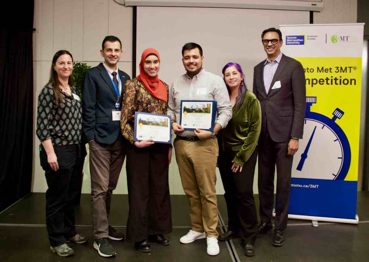 From left: TMU 3MT® judges Dr. Janet Koprivnikar, interim associate dean, programs, YSGPS; Dr. Sean Kheraj, vice-provost, academic; Aaliya Pathan, 3MT® runner-up and Molecular Science MSc student; Jordan Carrillo Zurita, 3MT® winner and Molecular Science PhD student; 3MT® judge Ms. Angela Misri and Dr. Carl Kumaradas, interim vice-provost and dean, YSGPS.