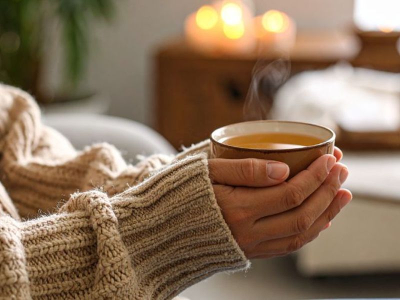 Person in cozy knit sweater holding cup of chamomile tea in zen home with candles lit in background