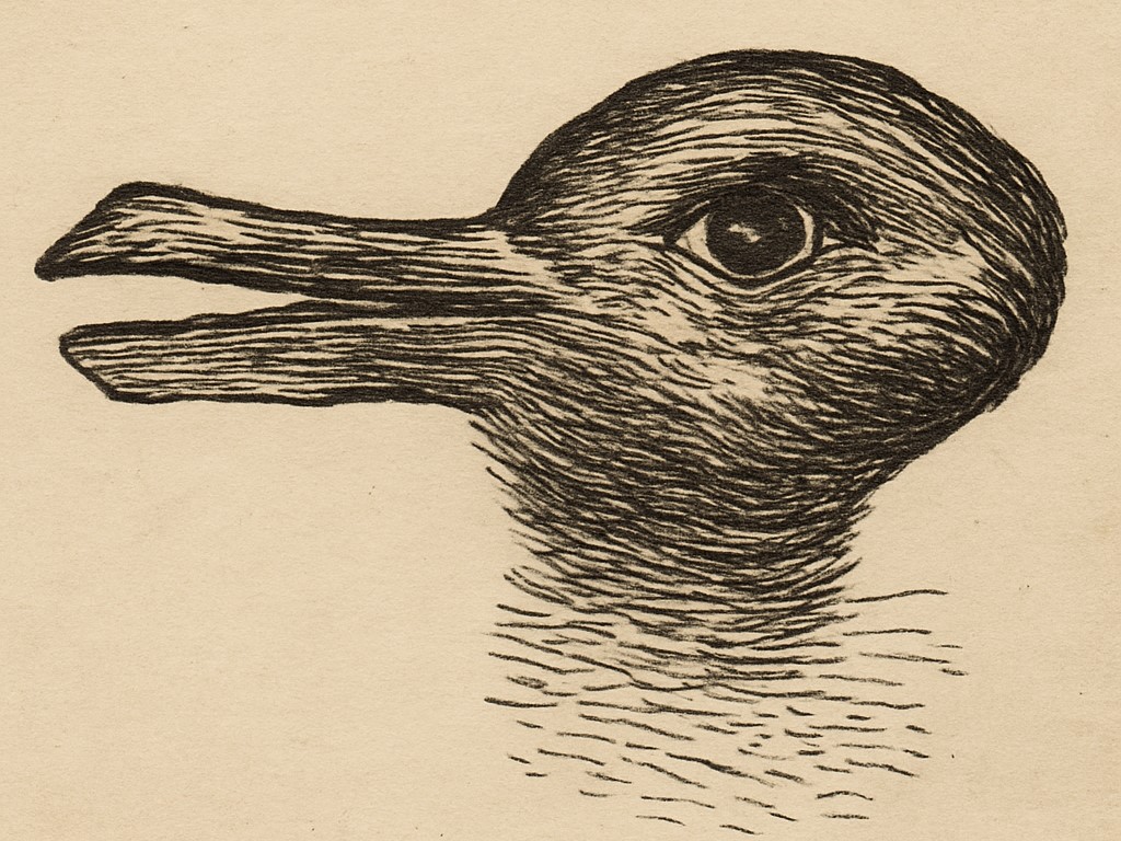 A black-and-white drawing that can be seen as either a rabbit or a duck, depending on how you look at it. The rabbit’s ears double as the duck’s beak, creating a playful optical illusion that shifts between the two animals.