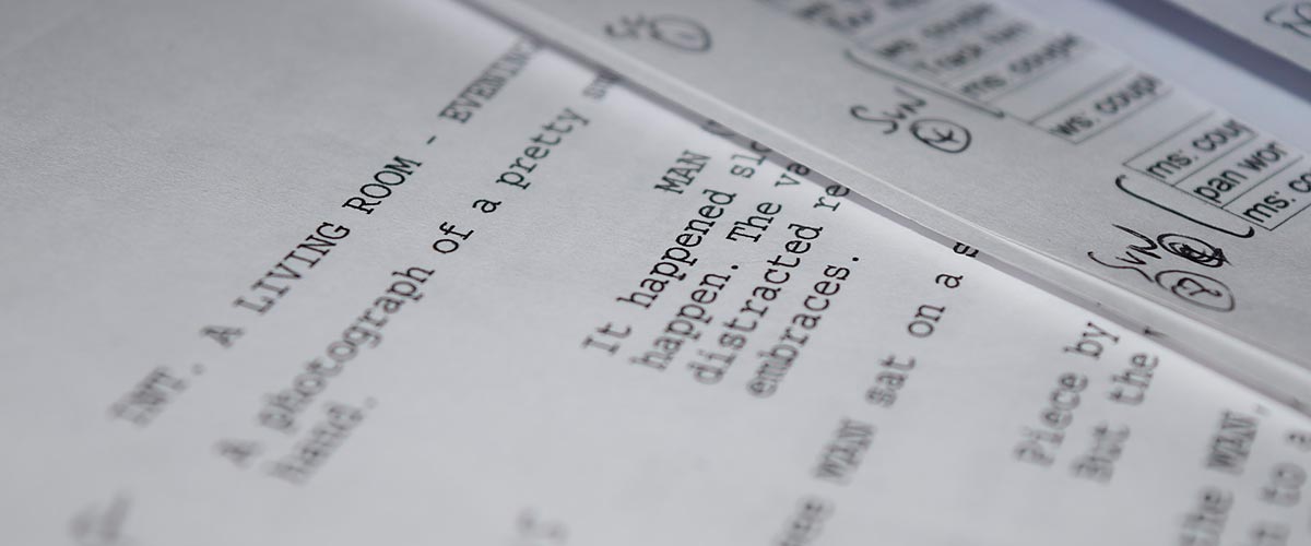 Close-up of screenplay pages with handwritten notes