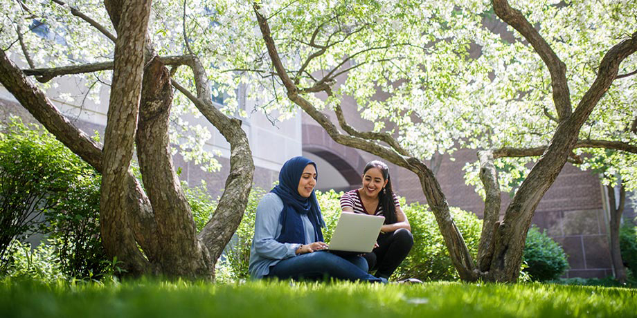 Two students look at a laptop in a grassy area.