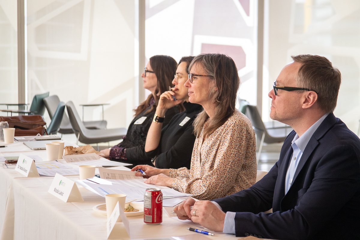 Dr. Nancy Walton and 3MT judges Dr. Natalie Alvarez, Dr. Cory Searcy and Nicola Luksic