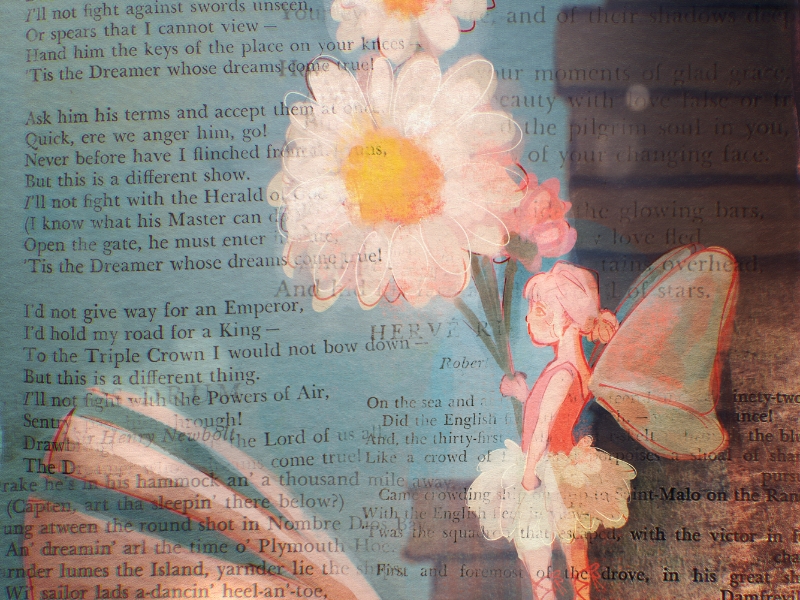 A whimsical fairy with pastel wings holds a bouquet of daisies against a backdrop of poetic text, creating a dreamy, imaginative scene.