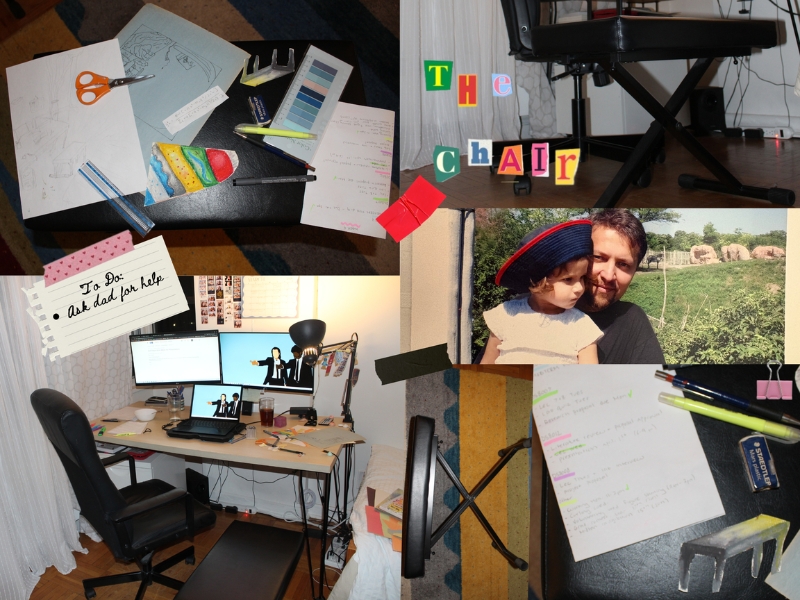 Collage featuring a workspace with a busy desk, art supplies, a "To Do" list, and a child's photo. Text "The Chair" and playful, creative vibes.
