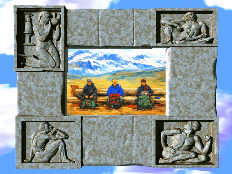 A framed image shows three people in colorful jackets sitting with backpacks against a backdrop of snow-capped mountains. The frame is adorned adorned with 3D-sculpted recreations of Elizabeth Wyn Wood's iconic bas-reliefs from Kerr Hall