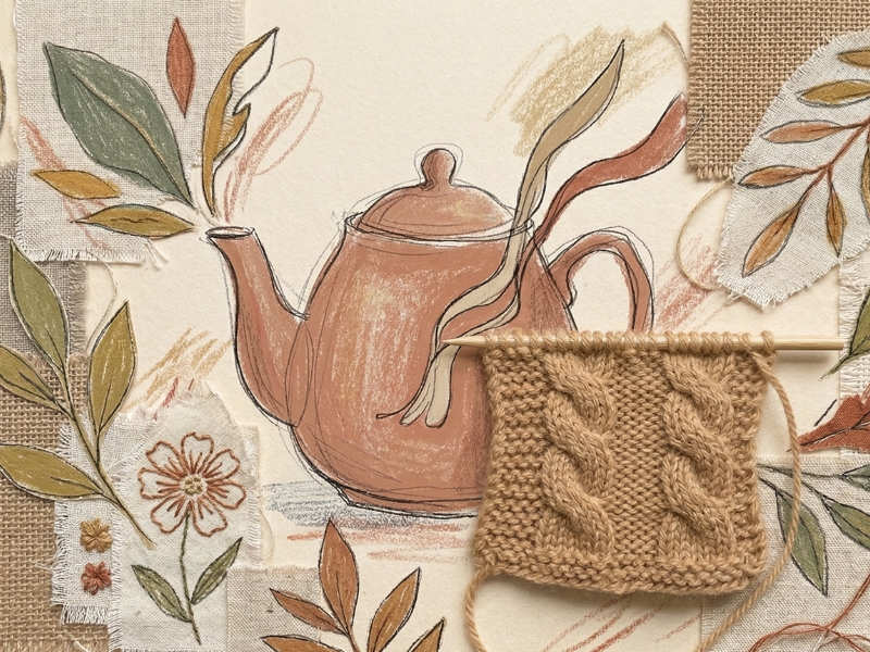 Illustration of a warm-toned teapot surrounded by textured fabric and leafy patterns. A knitted swatch in the foreground adds a cozy touch.