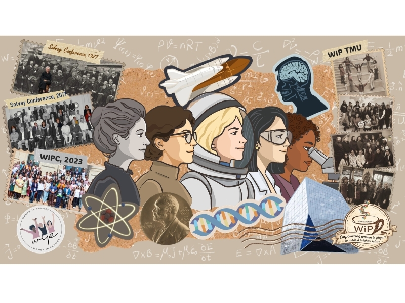 Illustration of diverse women scientists, an astronaut, and historical photos, symbolizing progress in physics. Elements include DNA, brain, and an atom.