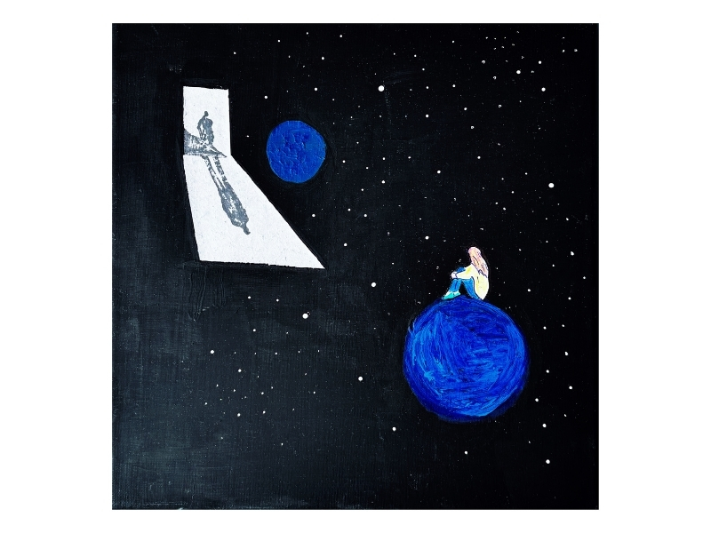 A small figure sits on a blue planet in a starry space. Nearby, another figure is seen on a white staircase. The scene conveys solitude and introspection.